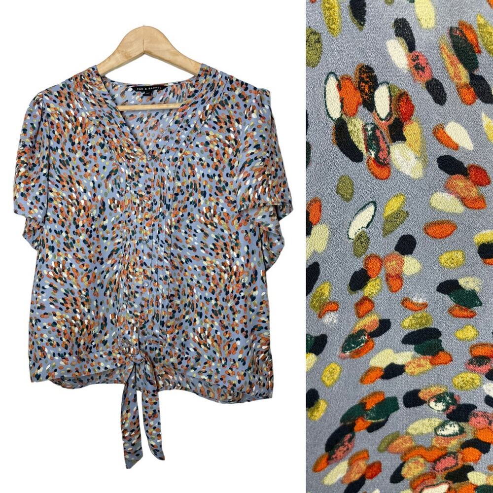 Zac & Rachel Confetti Dot Blue V-neck Blouse Short Sleeve Top Tie Medium